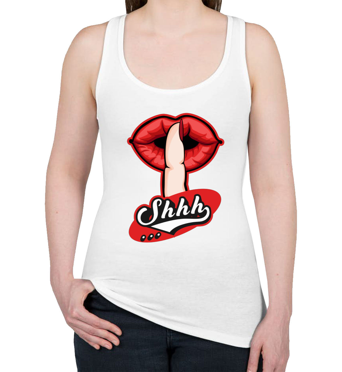 Shhh Silent Gesture With Finger And Red Lips Women's Racerback Tank Top