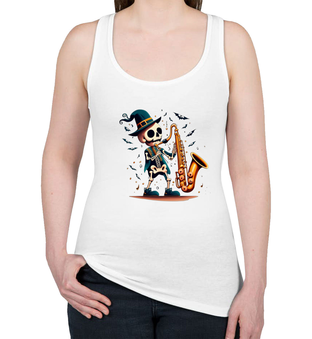 Skeleton Playing Saxophone Women's Racerback Tank Top