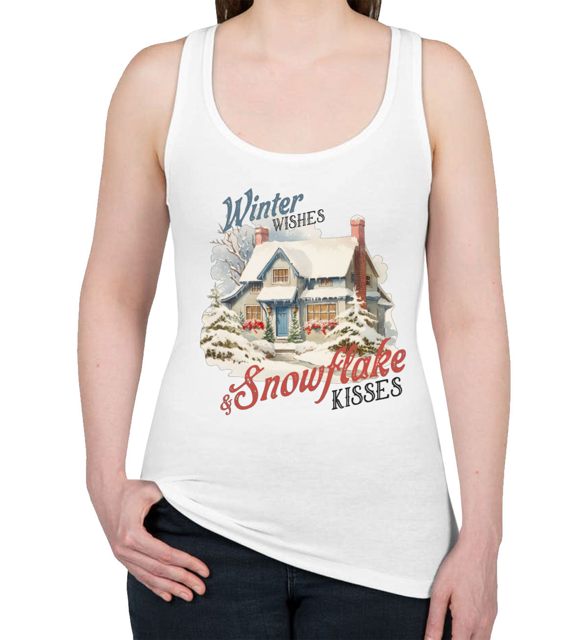 Winter Wishes And Snowflake Kisses Christmas Women's Racerback Tank Top