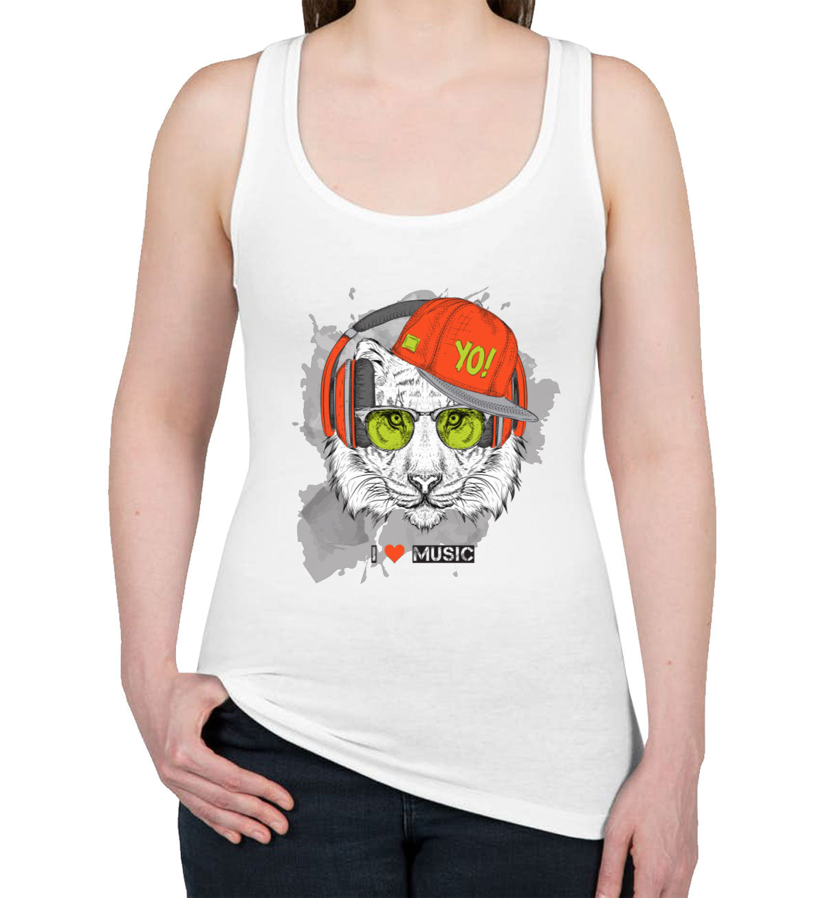 I Love Music Tiger With Headphones Women's Racerback Tank Top