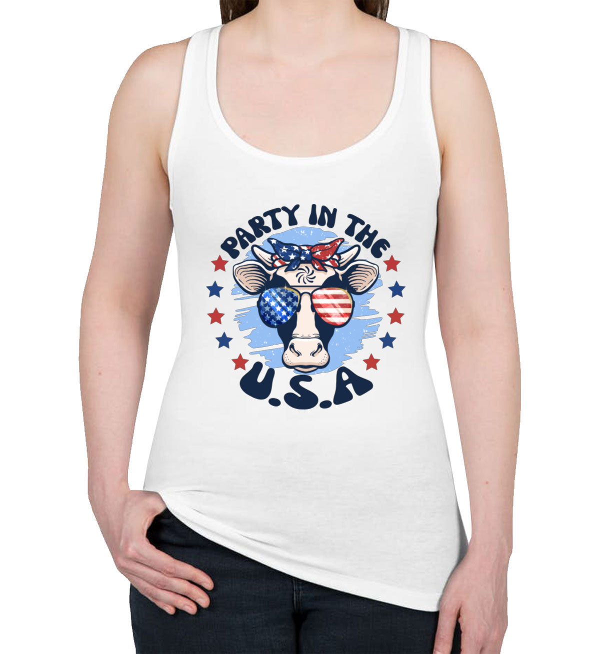 Party In The USA Patriotic American Cow Women's Racerback Tank Top