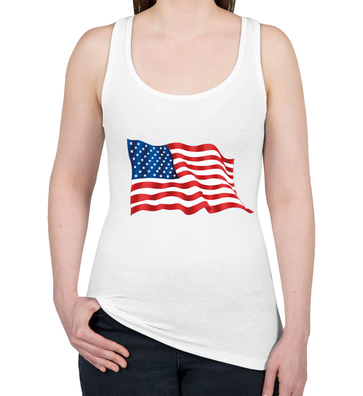 Waving American Flag Patriotic Women's Racerback Tank Top