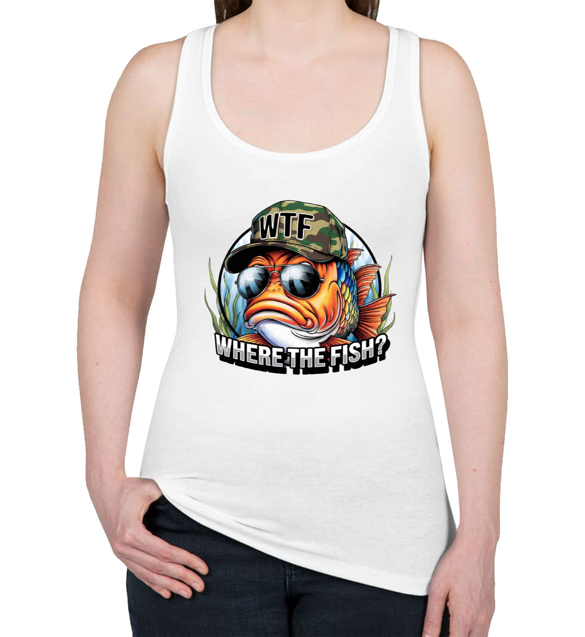 WTF Where The Fish Hunting Bass Fishing Women's Racerback Tank Top