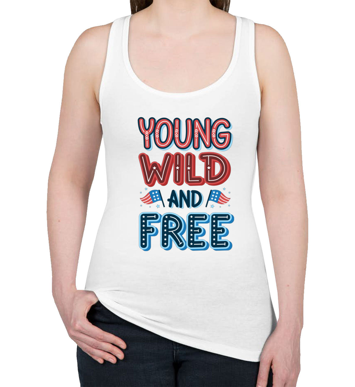 Young Wild And Free Patriotic Women's Racerback Tank Top