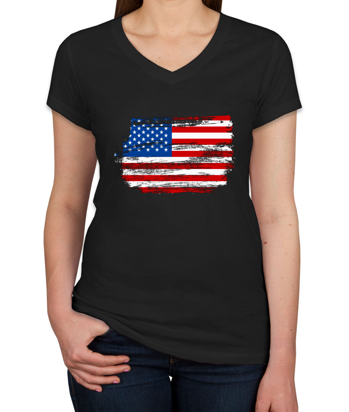 Distressed USA American Flag Women's V Neck T-shirt