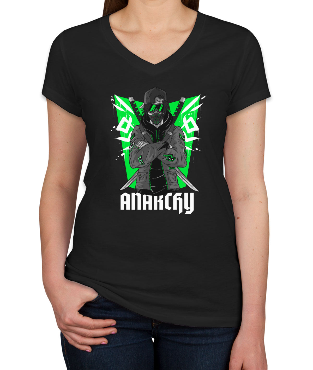 Anarchy Anarchist Ninja Samurai Warrior Anime Women's V Neck T-shirt