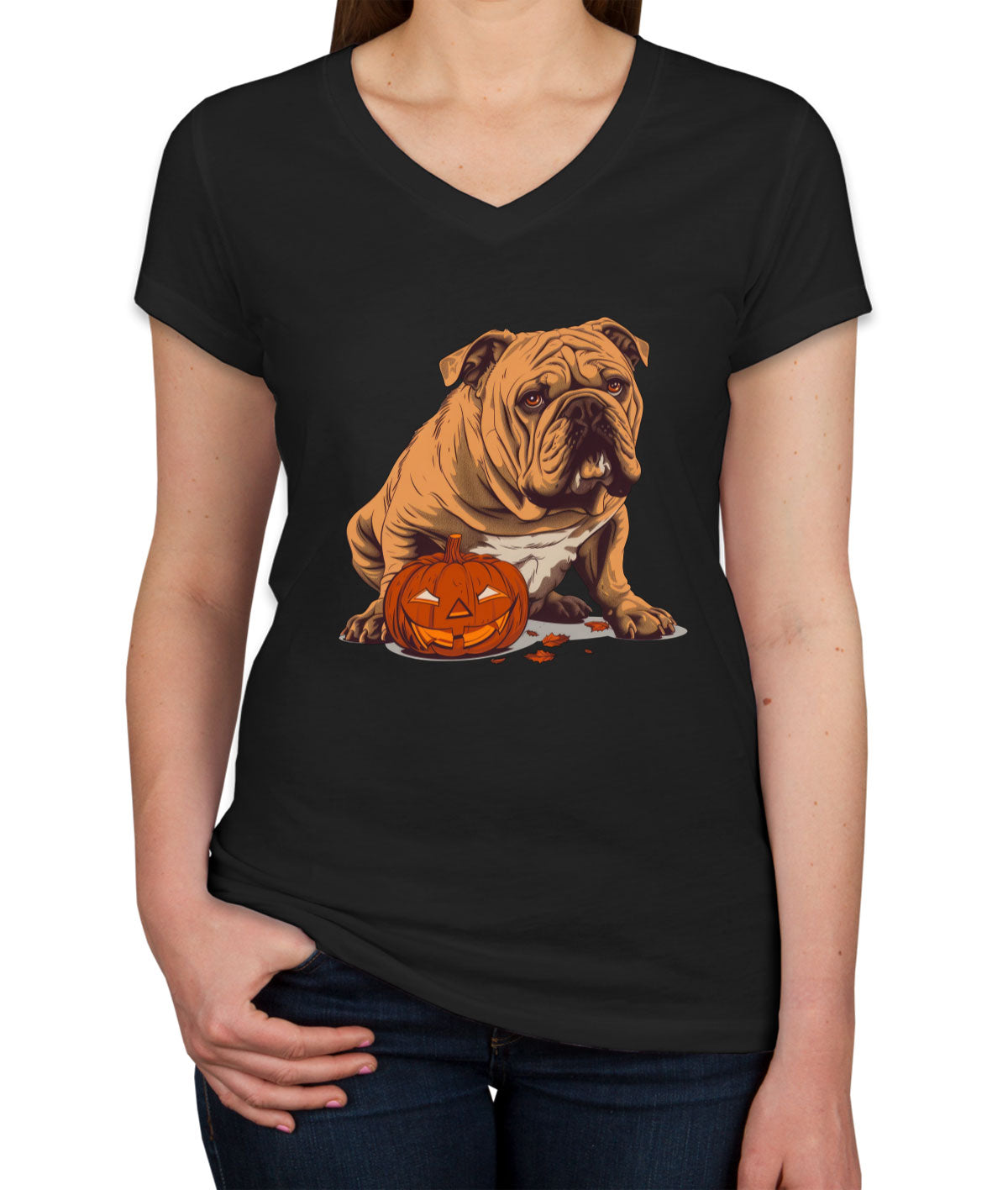 Bulldog With Halloween Pumpkin Women's V Neck T-shirt