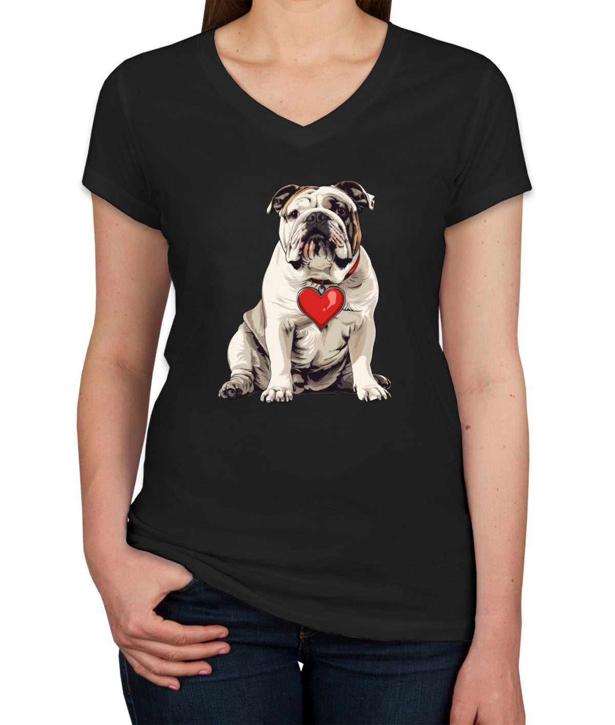 Bulldog With Heart Women's V Neck T-shirt