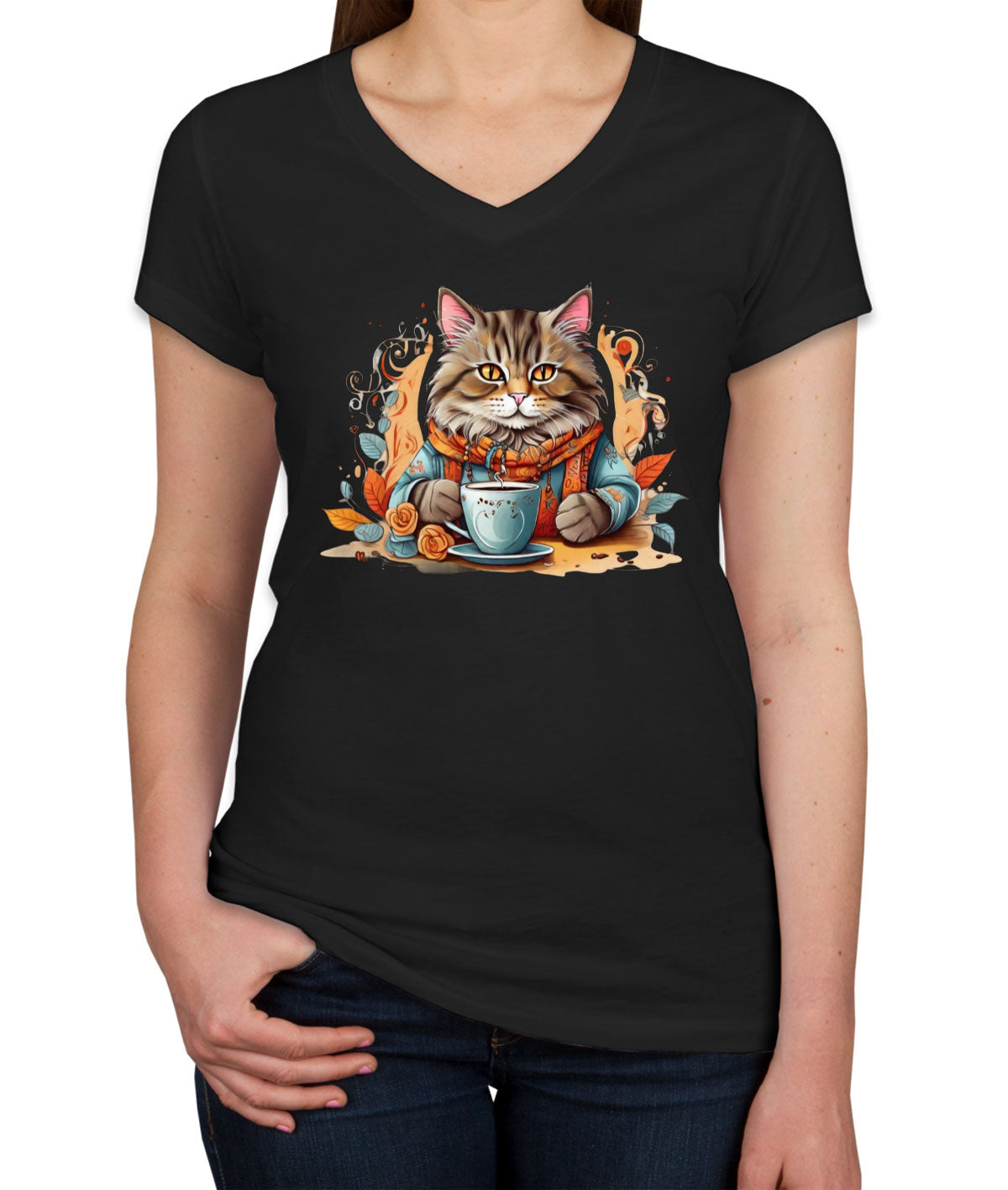 Cat Coffee Lover Women's V Neck T-shirt