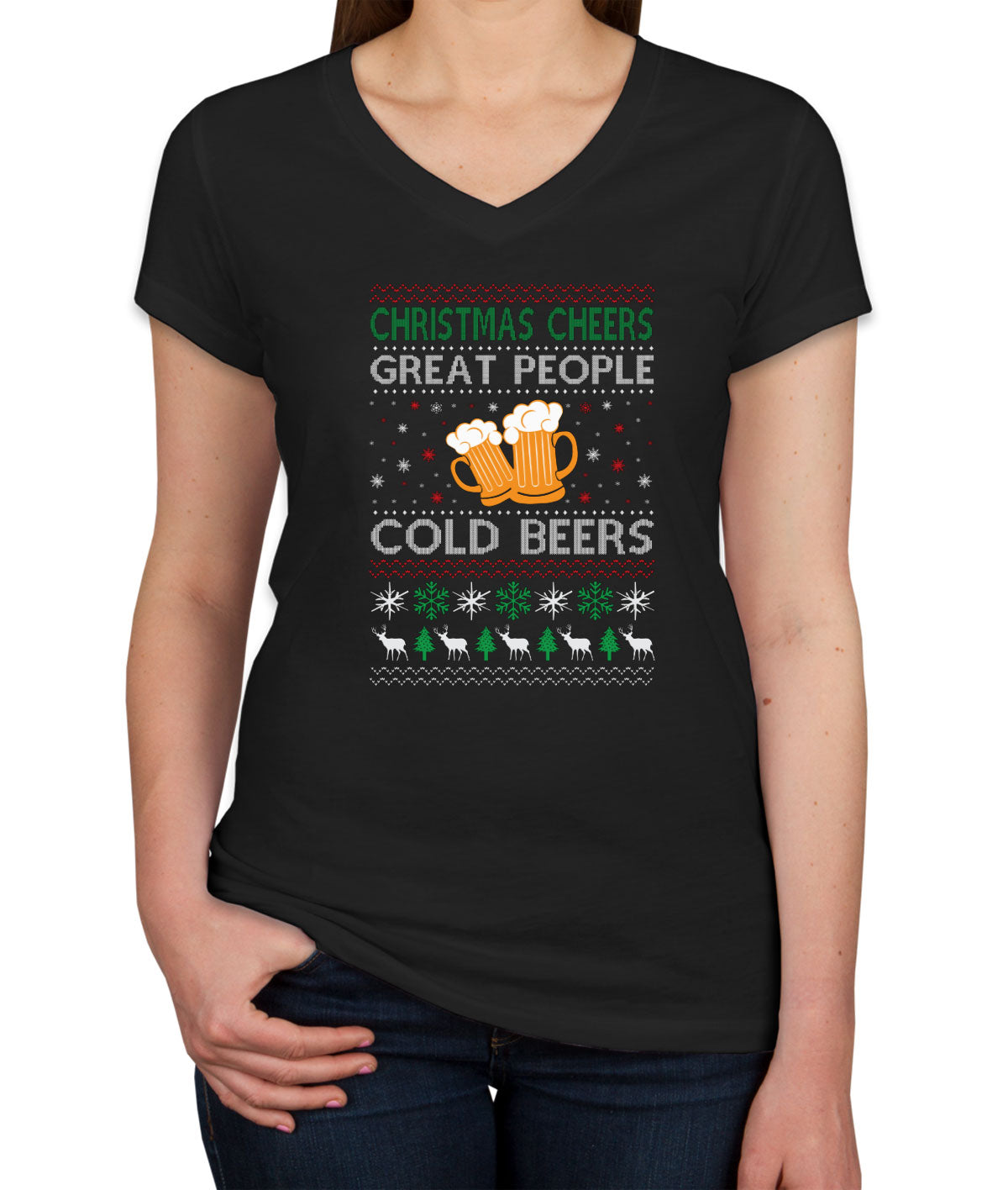 Christmas Cheers Great People Cold Beers Women's V Neck T-shirt