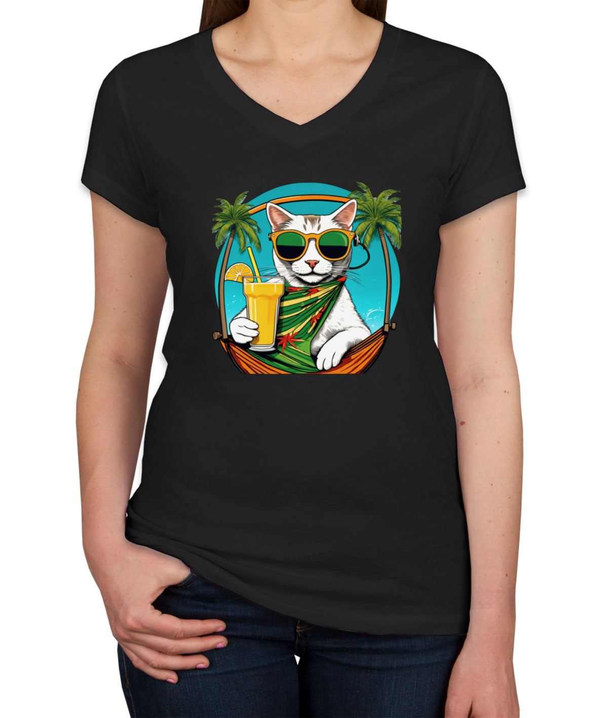 Cool Cat With Sunglasses Women's V Neck T-shirt