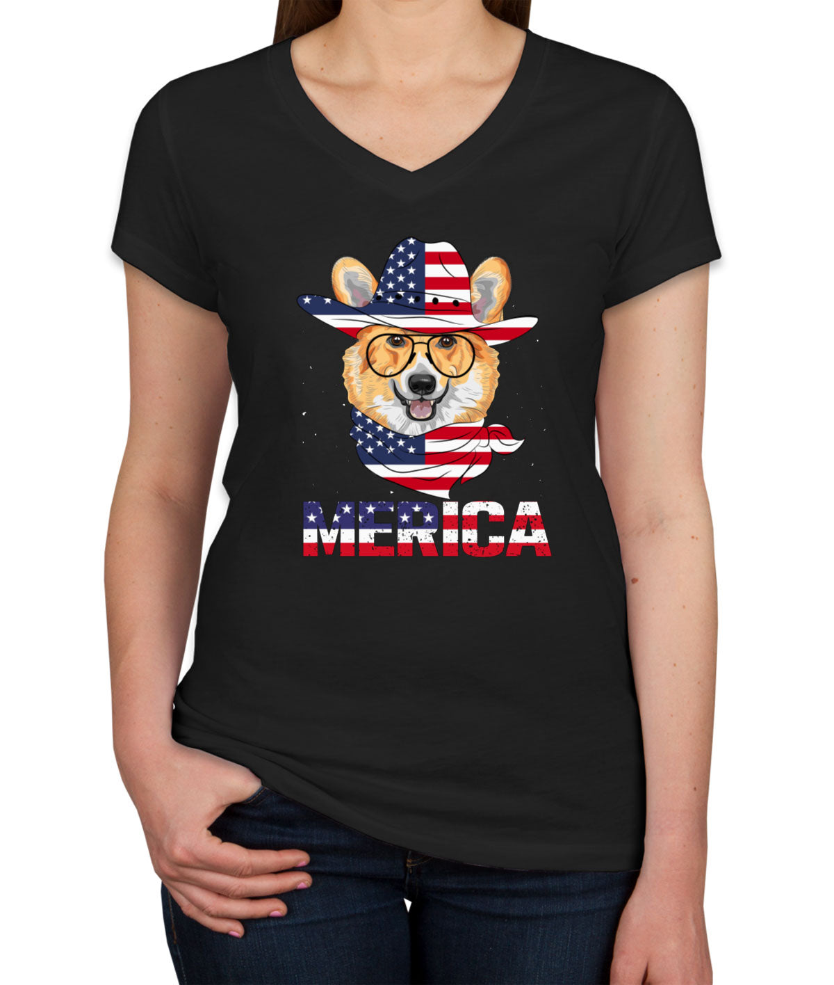 Corgi Merica Patriotic Women's V Neck T-shirt