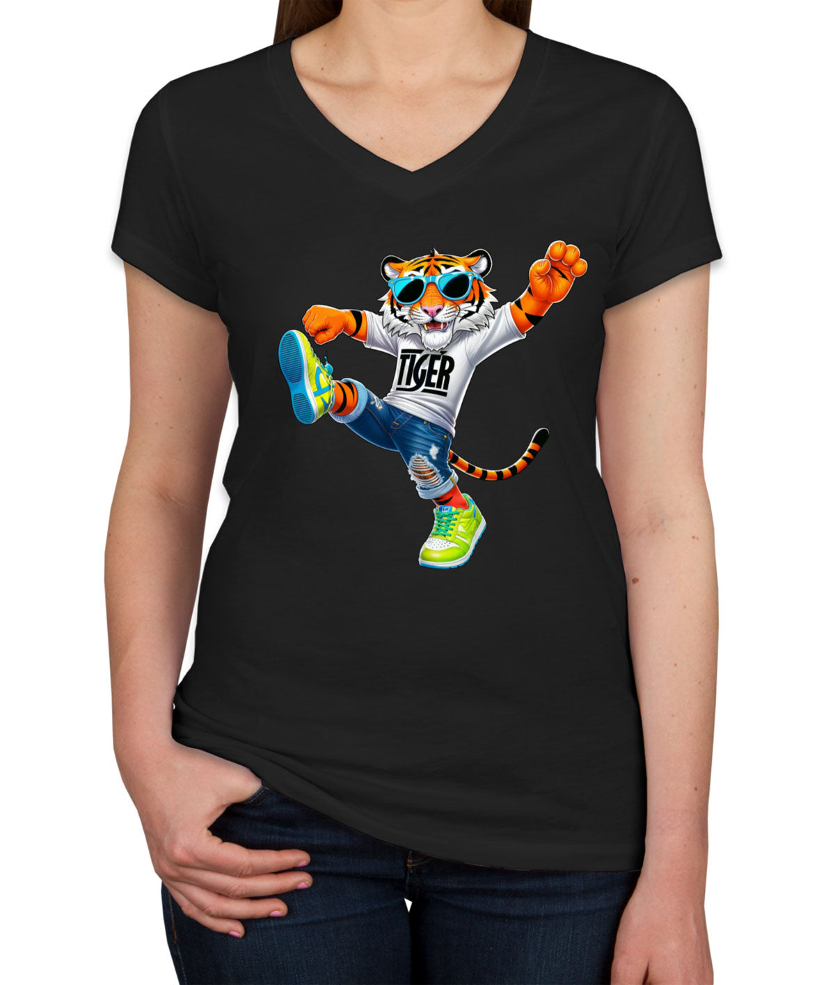 Dancing Tiger Women's V Neck T-shirt