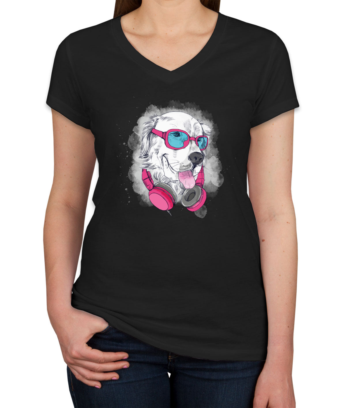 Cool Dog With Headphone Women's V Neck T-shirt