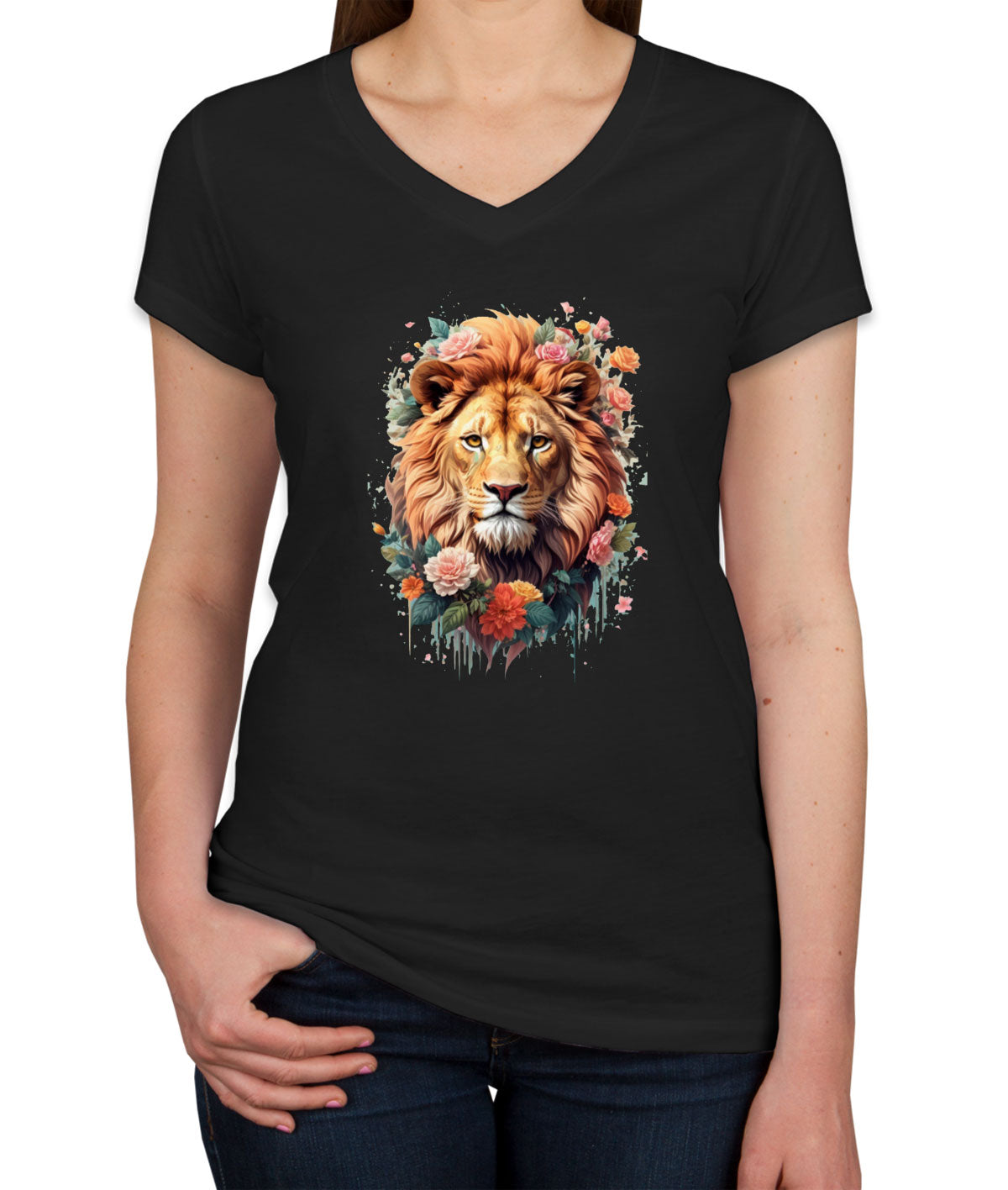 Lion With Floral Design Women's V Neck T-shirt