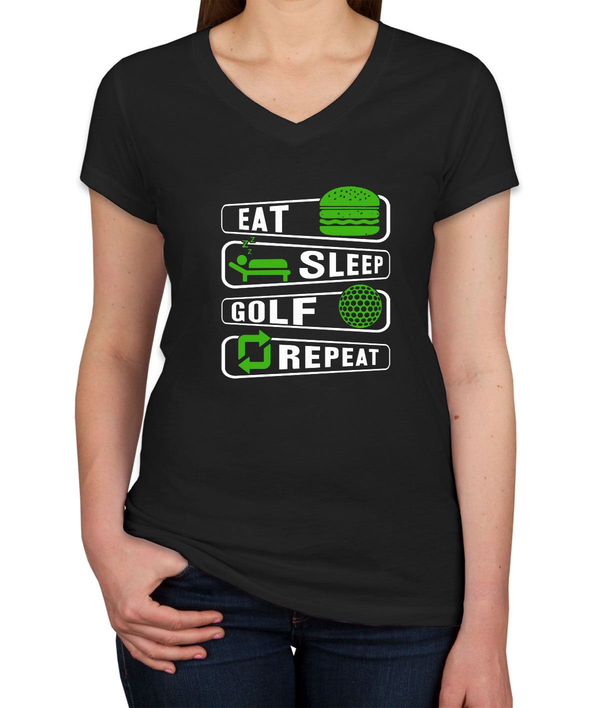 Eat Sleep Golf Repeat Women's V Neck T-shirt