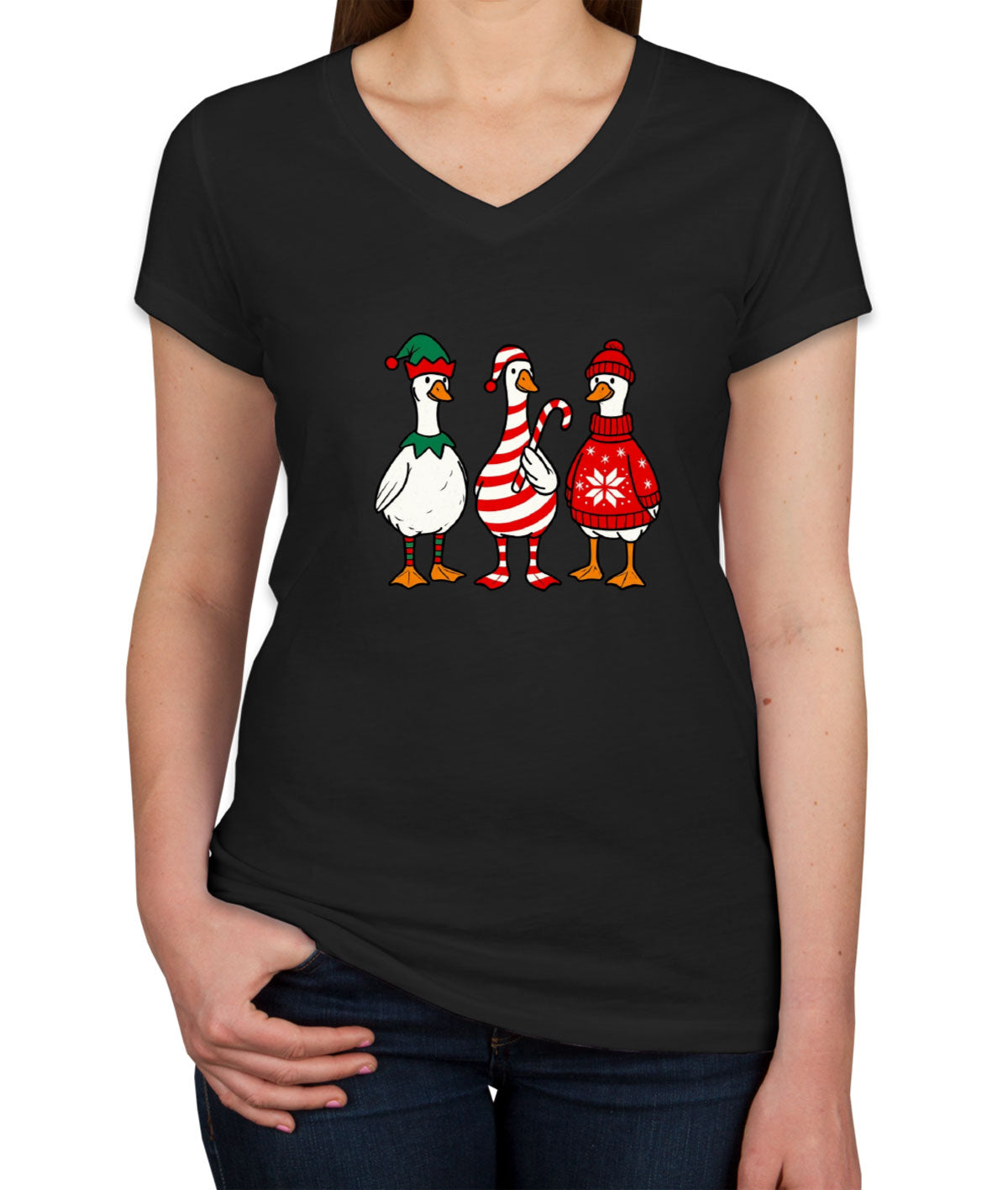 Funny Christmas Gooses Women's V Neck T-shirt