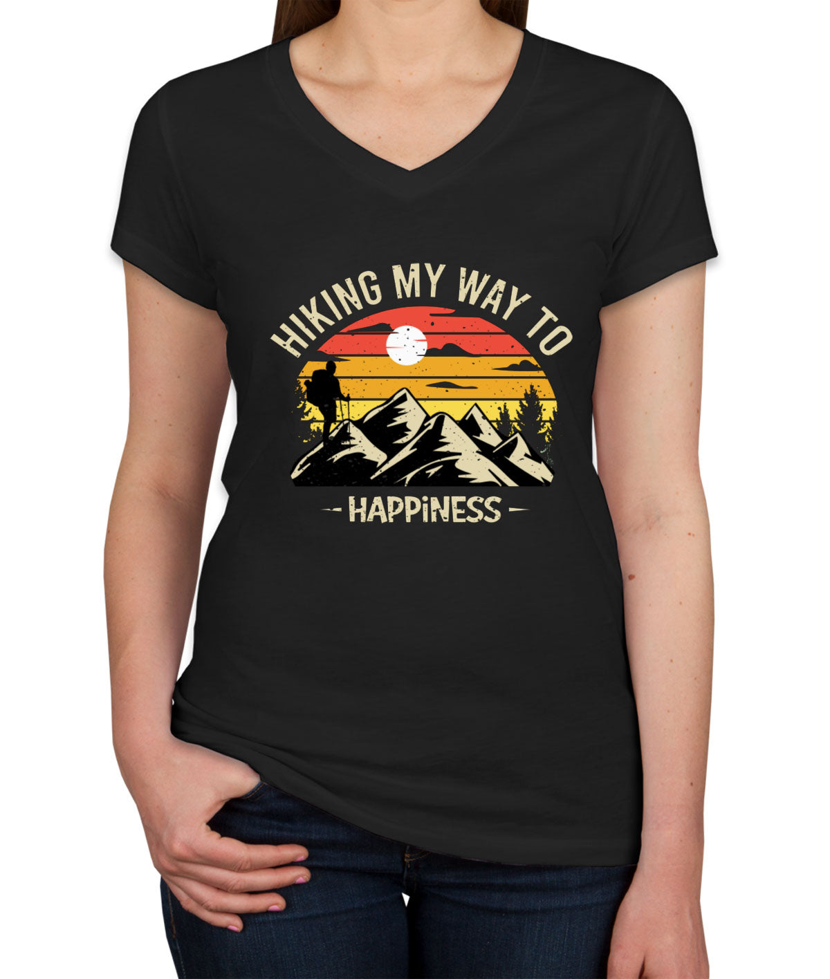 Hiking My Way To Happiness Women's V Neck T-shirt