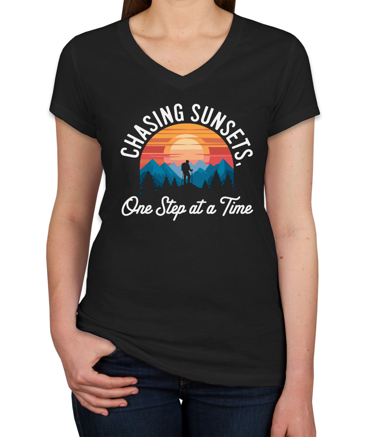 Chasing Sunsets, One Step At A Time Women's V Neck T-shirt