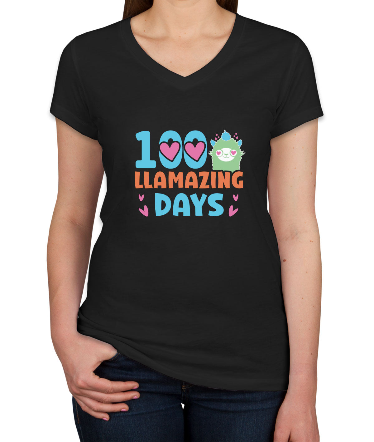 100 Llamazing Day Women's V Neck T-shirt