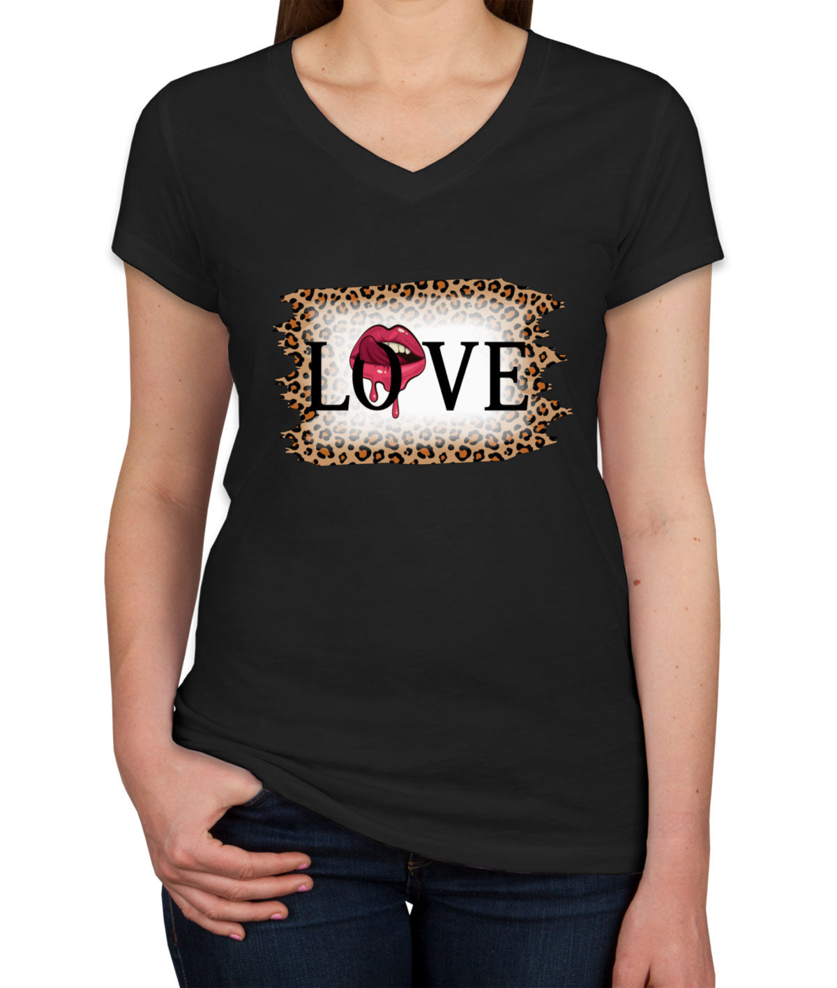 Love Tongue Lipstick Leopard Print Valentine's Day Women's V Neck T-shirt