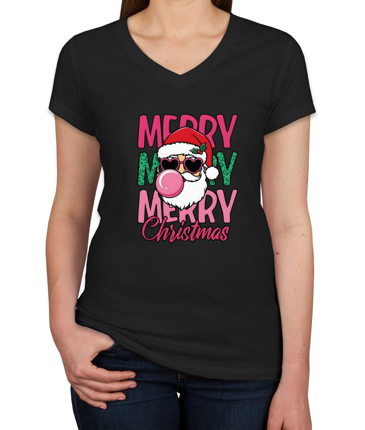 Santa Bubble Gum Merry Christmas Women's V Neck T-shirt