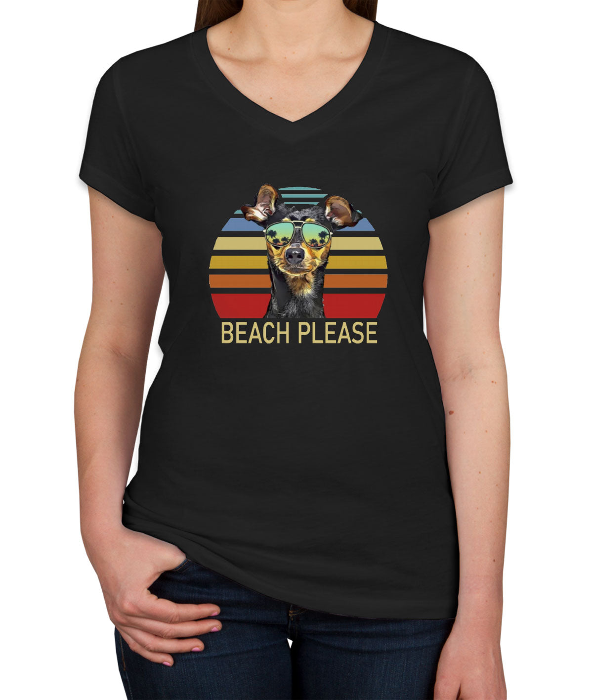 Beach Please Miniature Pinscher Dog Women's V Neck T-shirt