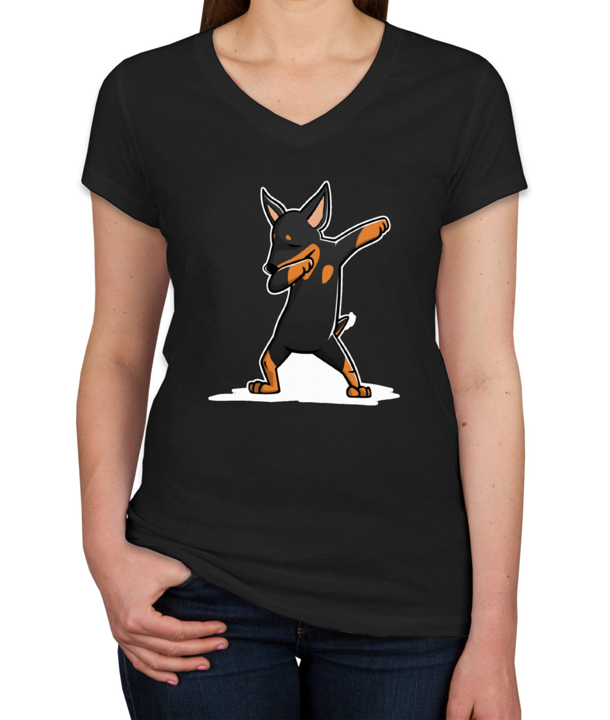 Dabbing Miniature Pinscher Dog Women's V Neck T-shirt