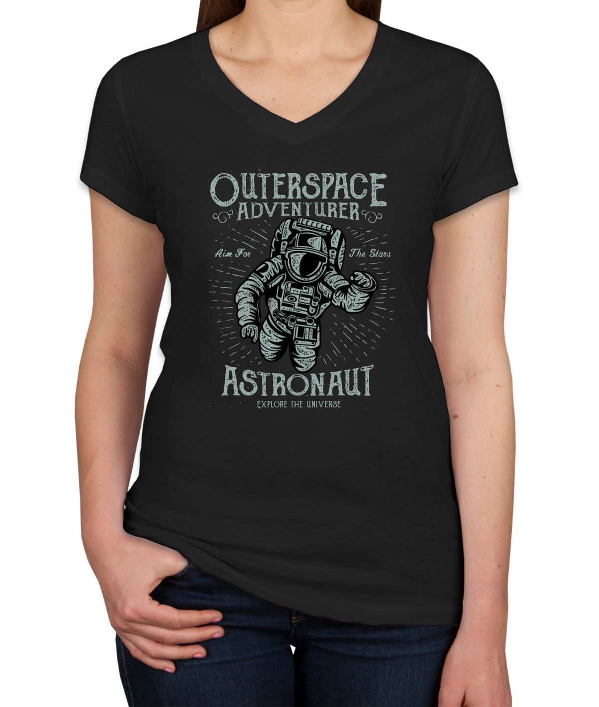 Outerspace Adventurer Astronaut Explore The Universe Women's V Neck T-shirt