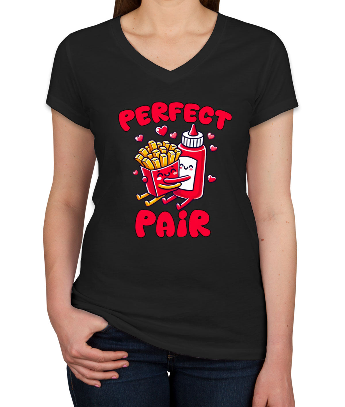 Ketchup And Fries Perfect Pair Valentine's Day Matching Women's V Neck T-shirt