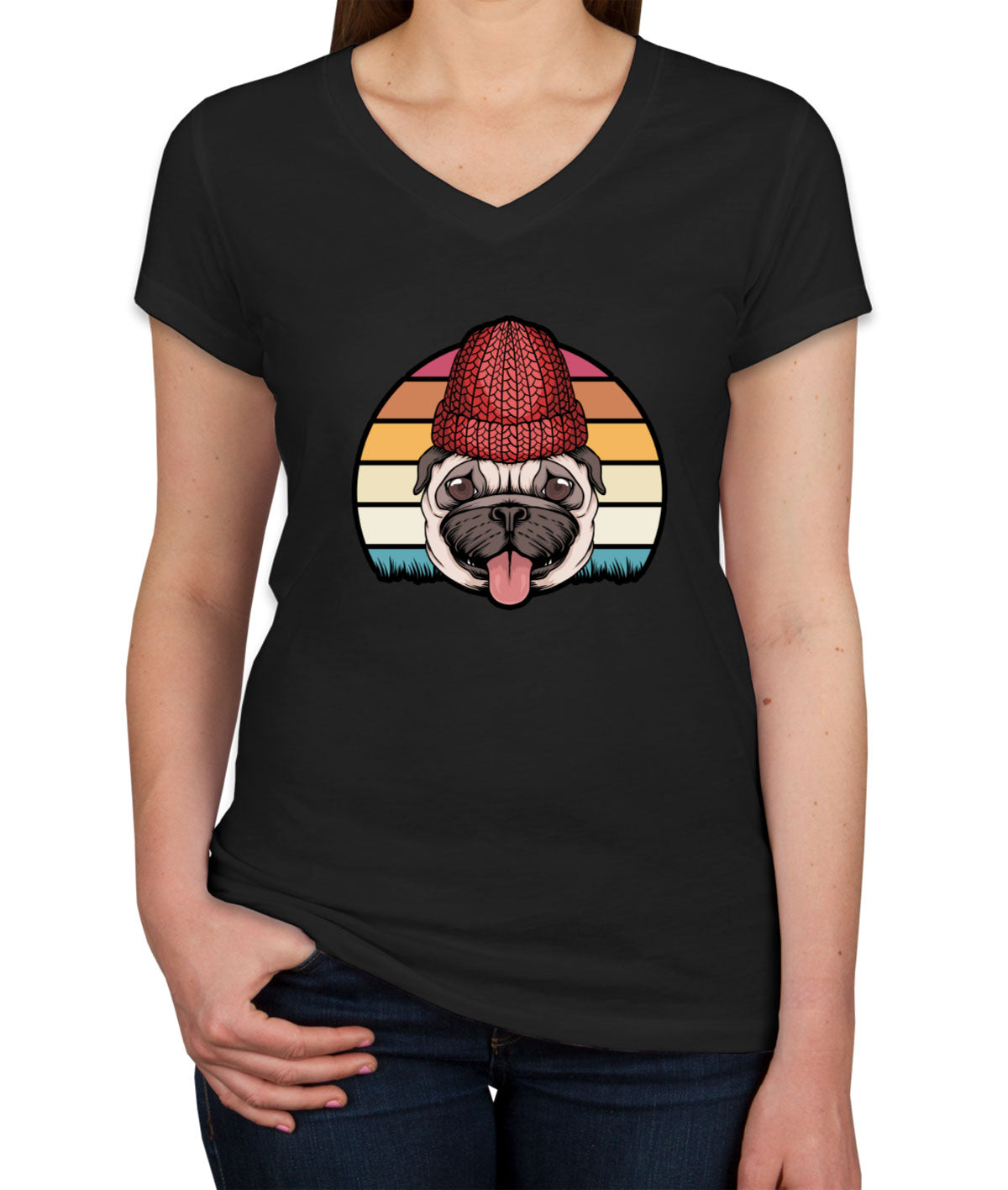 Retro Pug Dog Vintage Women's V Neck T-shirt