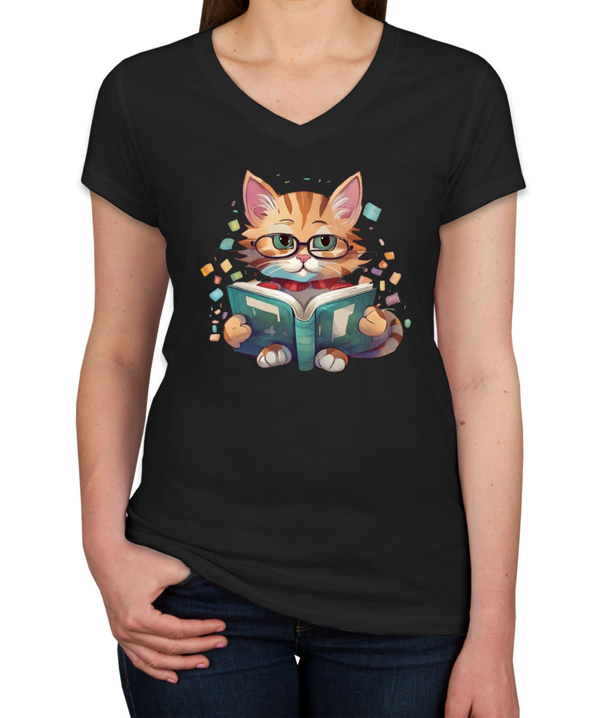 Reading Cat Women's V Neck T-shirt