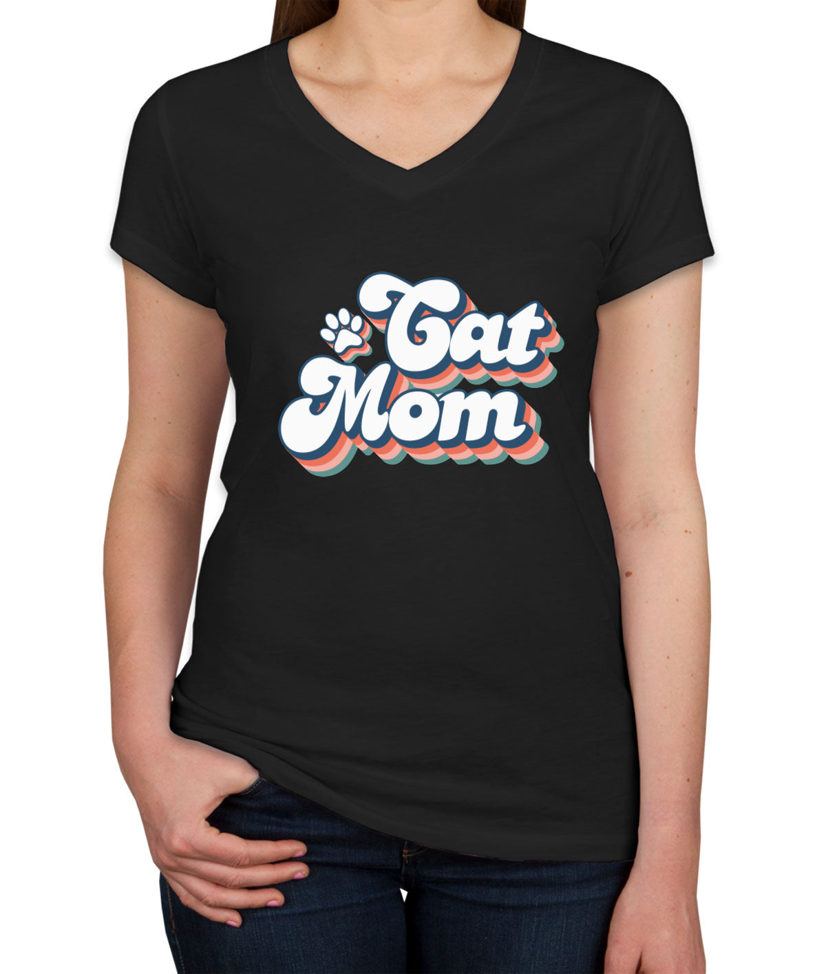 Retro Cat Mom Women's V Neck T-shirt