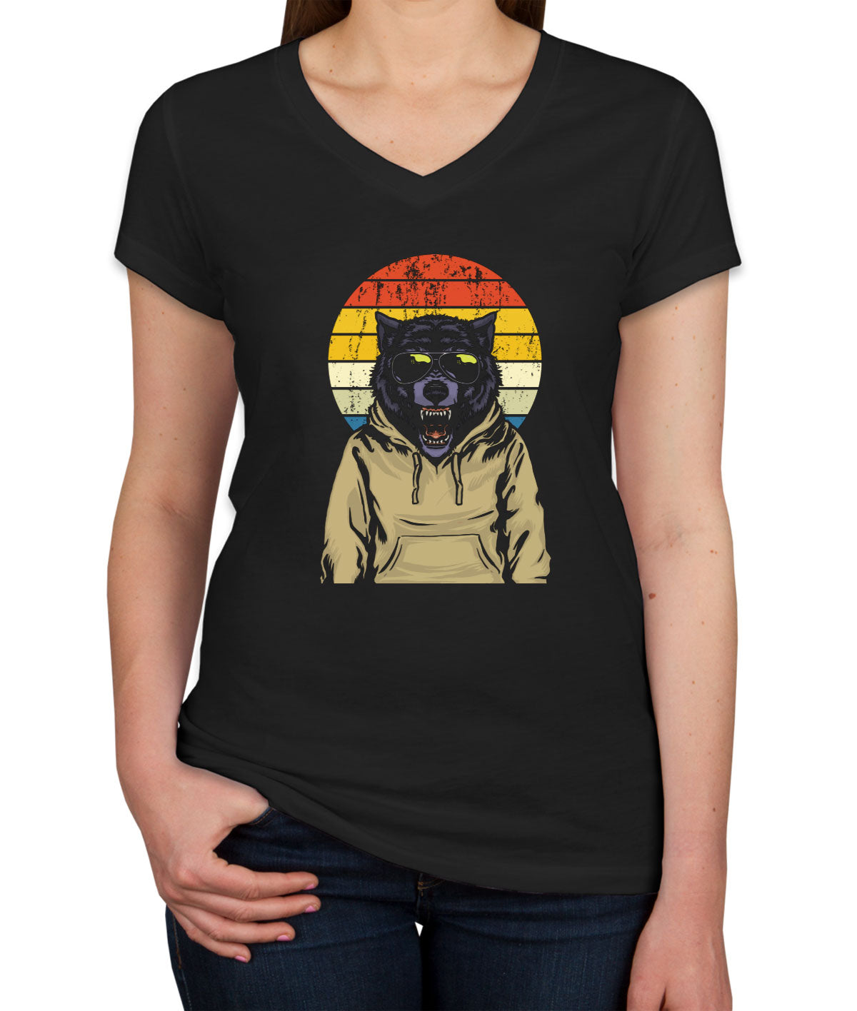 Wolf Retro Sunset Women's V Neck T-shirt