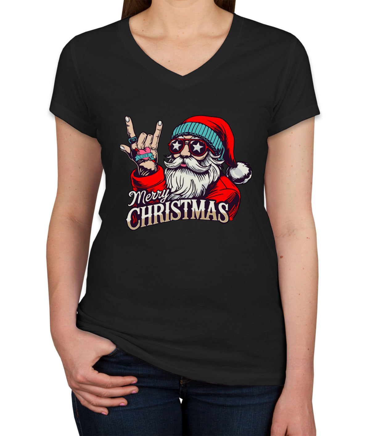 Rock Santa Claus Christmas Women's V Neck T-shirt