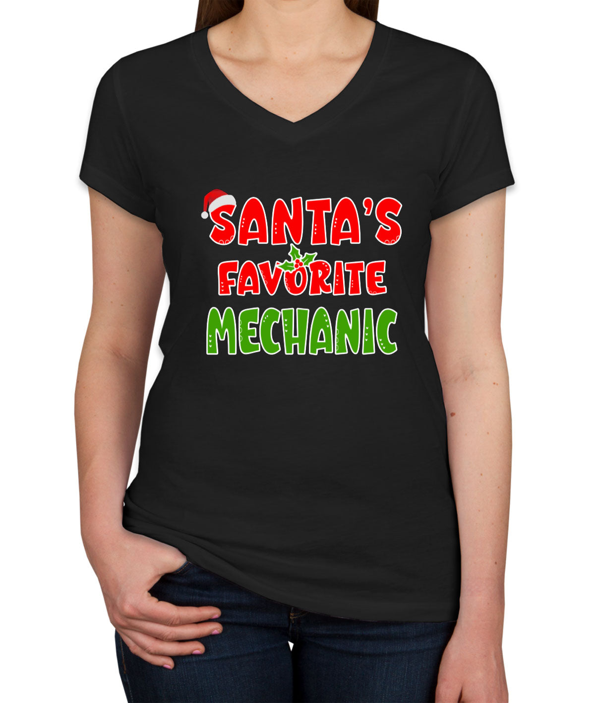 Santa's Favorite Mechanic Women's V Neck T-shirt