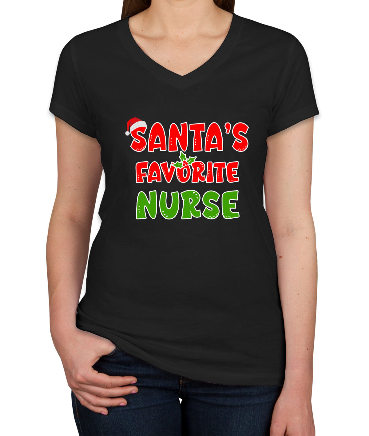 Santa's Favorite Nurse Women's V Neck T-shirt