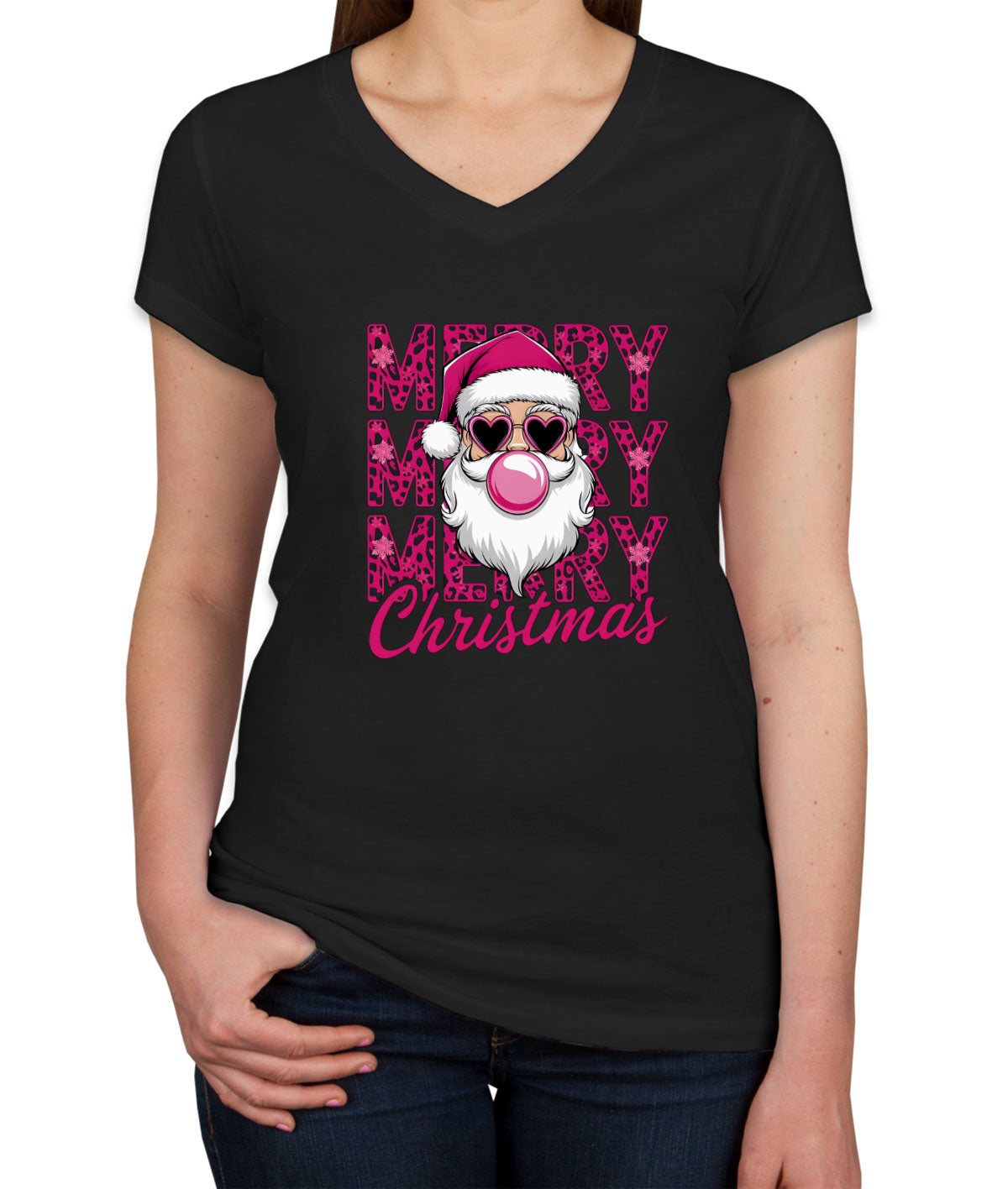 Santa Bubble Gum Merry Christmas Women's V Neck T-shirt