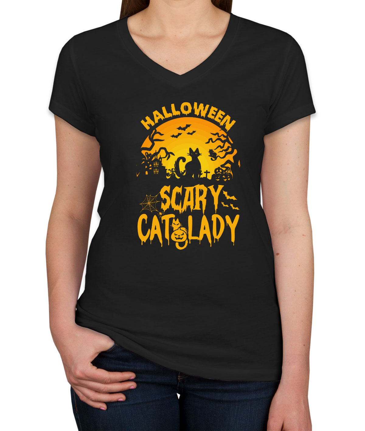 Scary Cat Lady Halloween Women's V Neck T-shirt