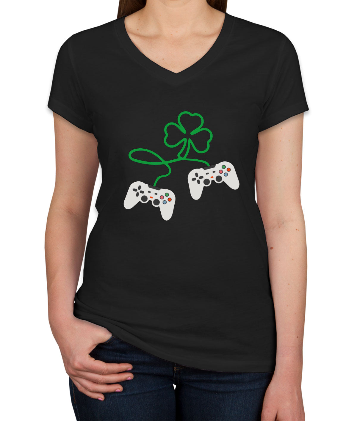 Shamrock Video Gamer St. Patrick's Day Women's V Neck T-shirt