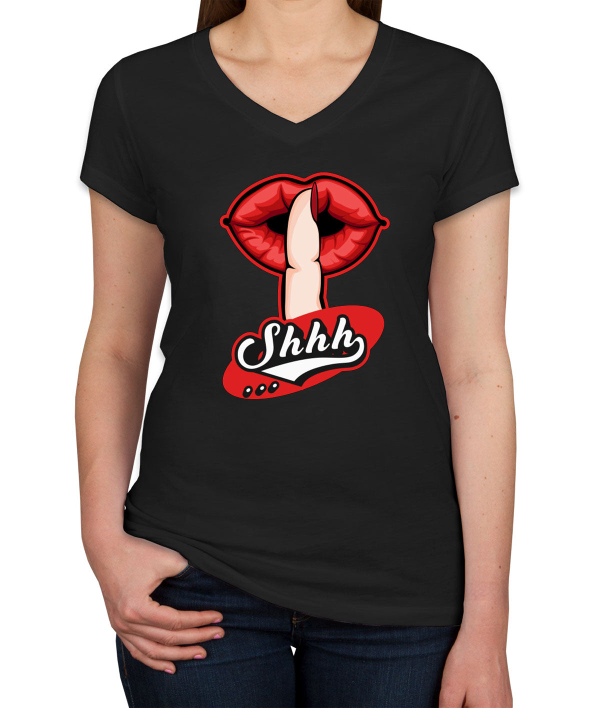 Shhh Silent Gesture With Finger And Red Lips Women's V Neck T-shirt