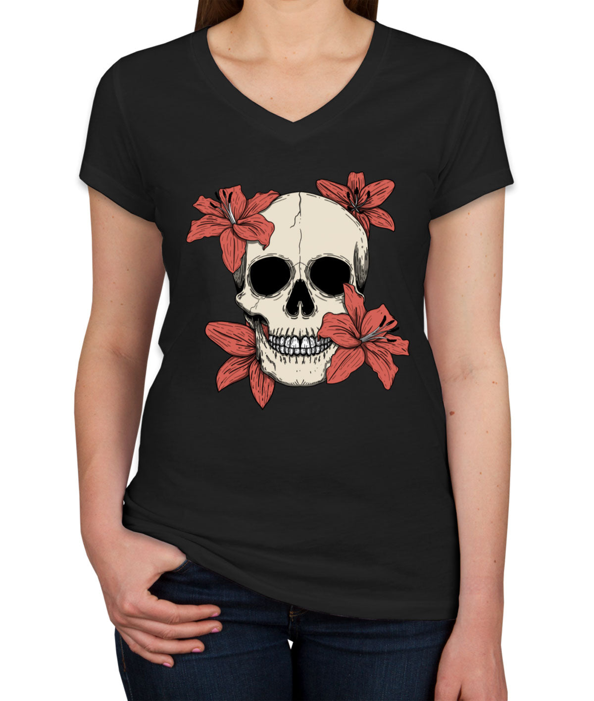 Skull With Flowers Women's V Neck T-shirt