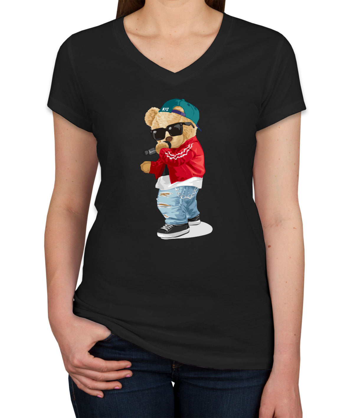 Teddy Bear Rapper Women's V Neck T-shirt