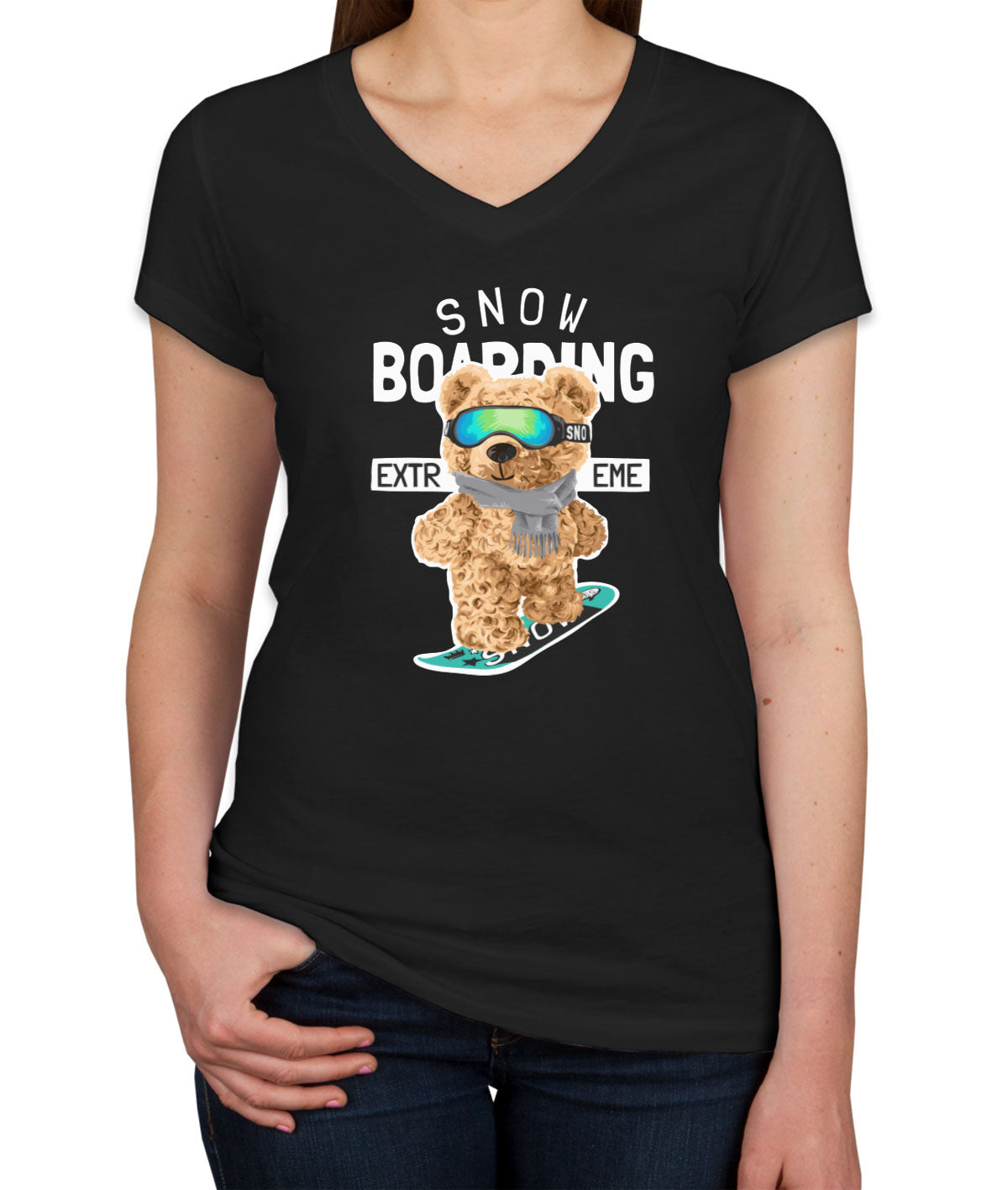 Teddy Bear Extreme Snowboarding Women's V Neck T-shirt