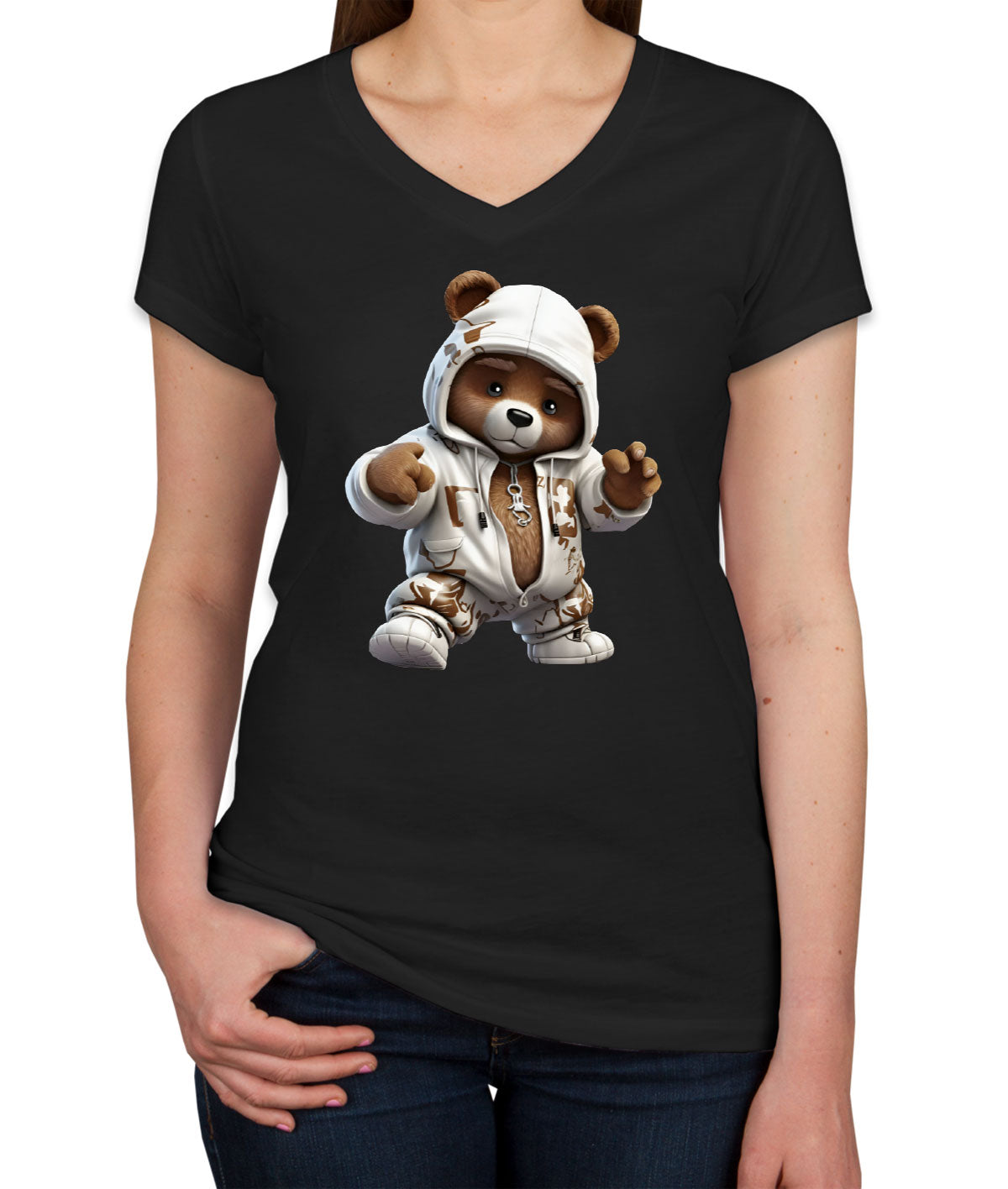 Teddy Bear Wearing Streetwear Women's V Neck T-shirt