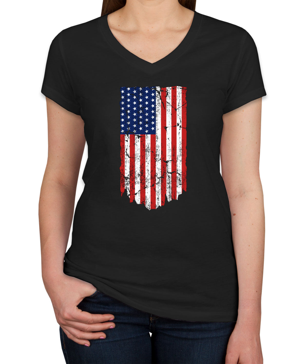 Distressed USA American Flag Women's V Neck T-shirt