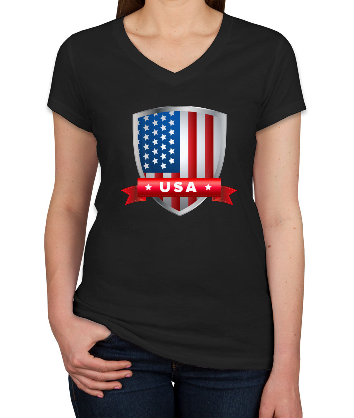 USA Shield Flag Women's V Neck T-shirt