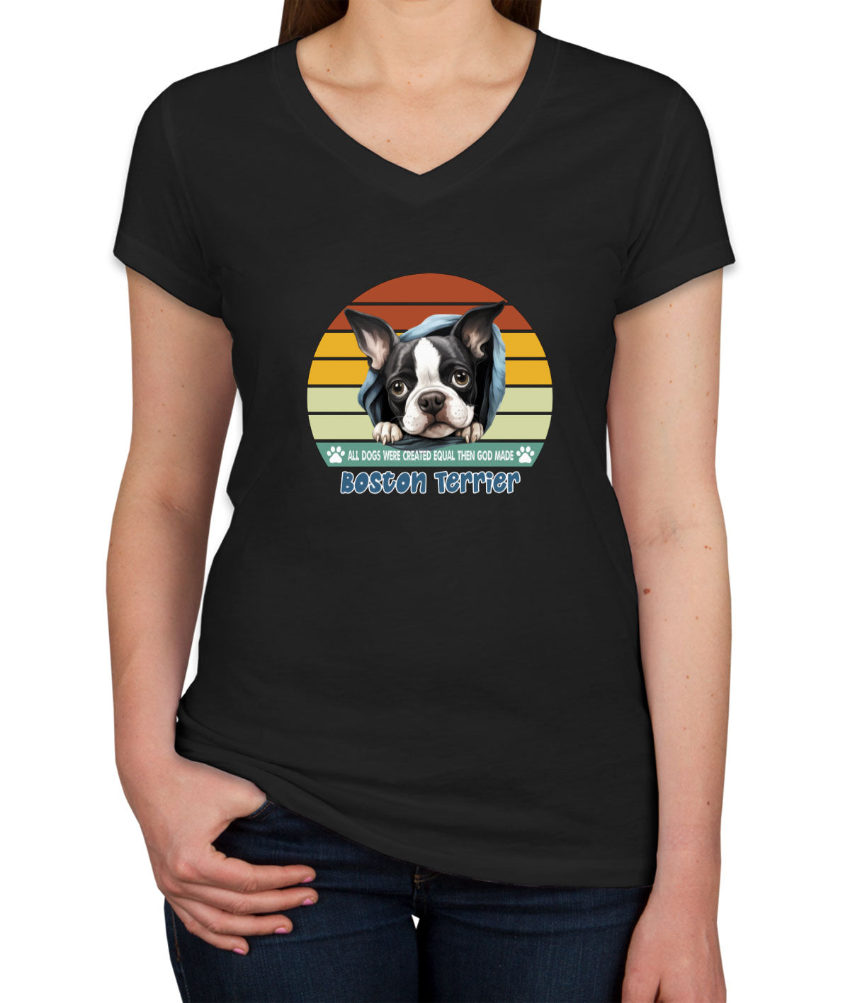 All Dogs Were Created Equal Boston Terrier Women's V Neck T-shirt