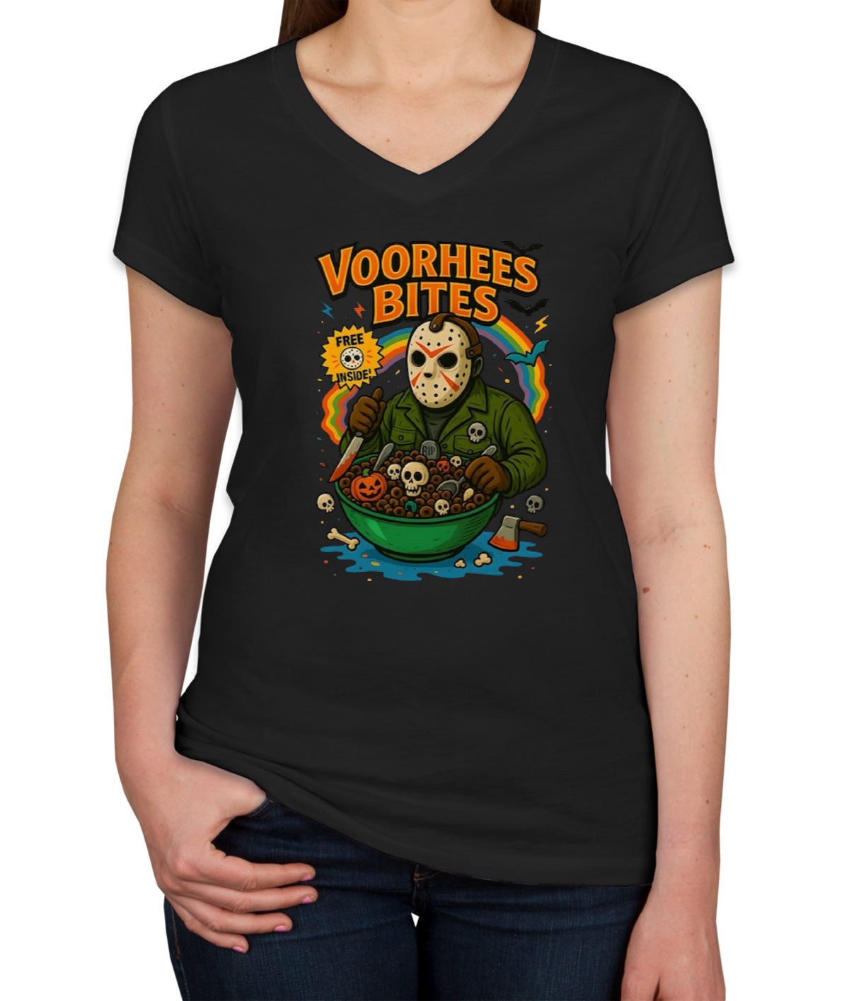 Voorhees Bites Halloween Women's V Neck T-shirt