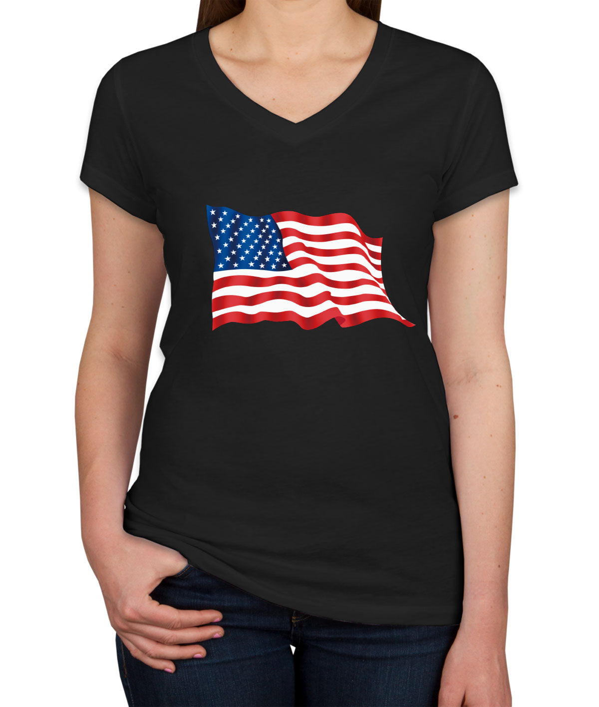 Waving American Flag Patriotic Women's V Neck T-shirt